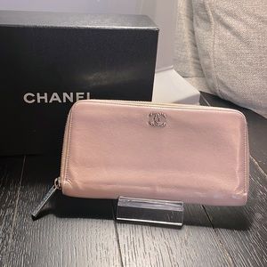 Chanel bubble gum iridescent pink long zippy wallet with silver tone hardware